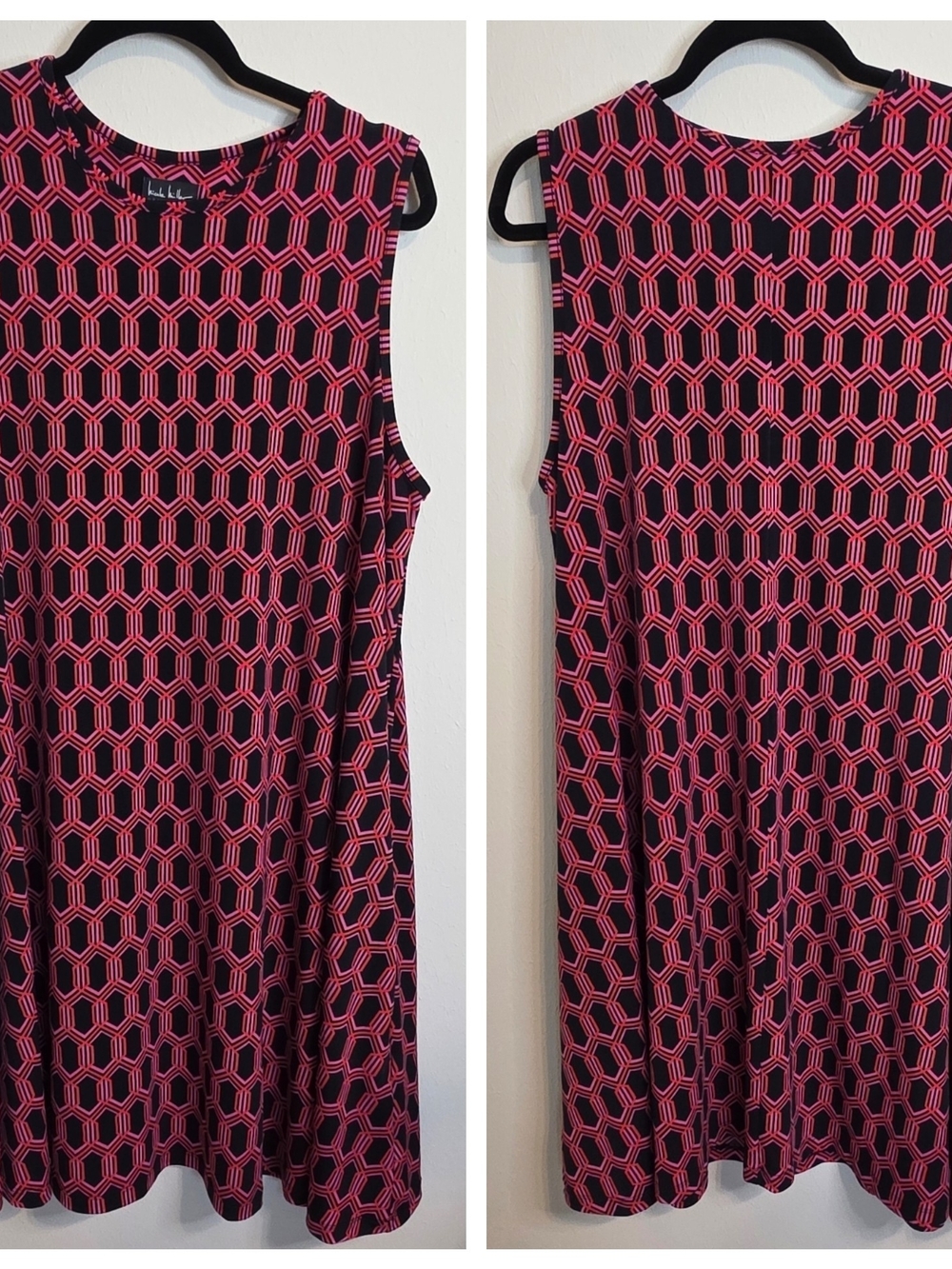 Nicole Miller Black Shift Dress with Pink & Red Geometric Print